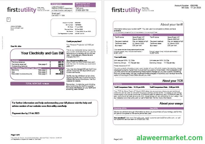 United Kingdom First gas and electricity utility bill in Word and PDF formats, 6 pages